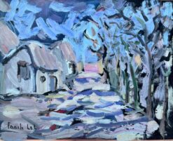 Bold Expressionist Painting of a Village Pathway with Cottages and Trees