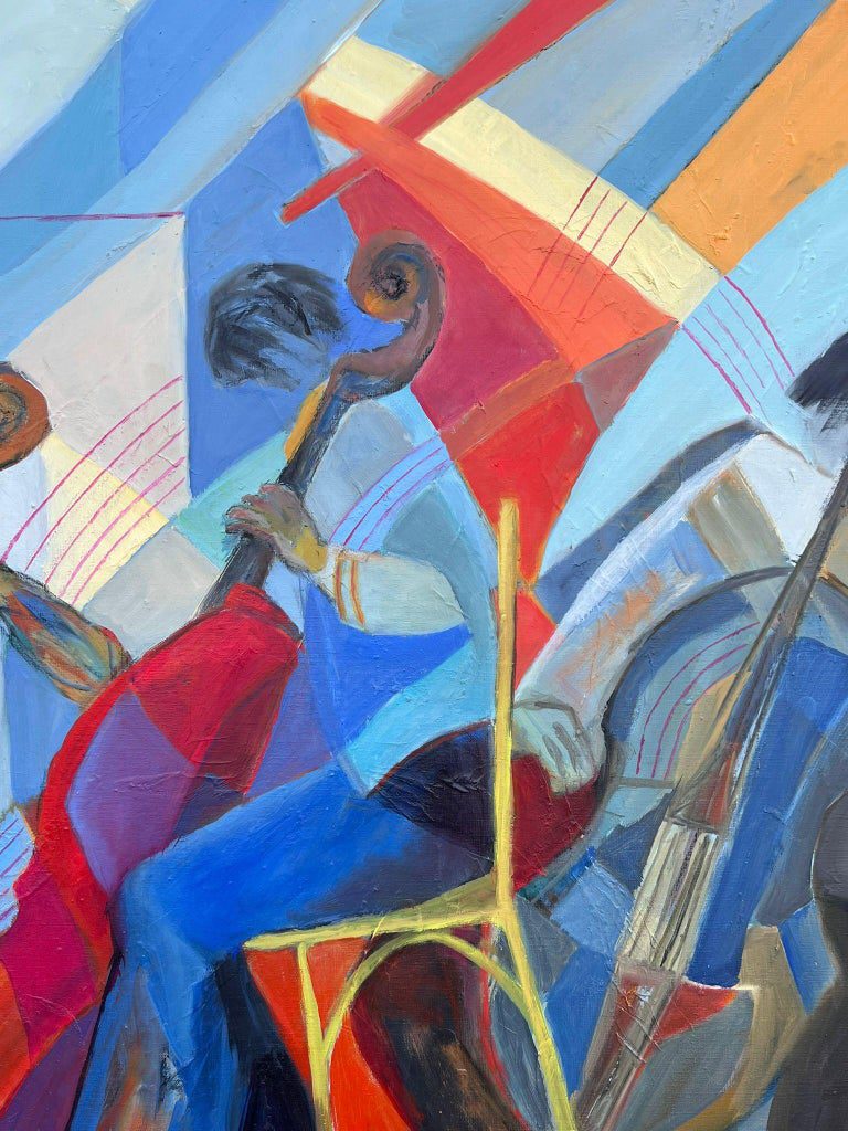 Huge French Contemporary Modernist Abstract Oil Painting Musicians Double Bass - Image 2