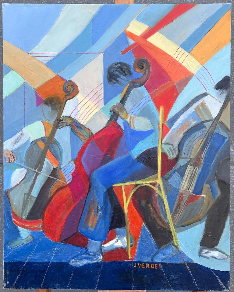 Huge French Contemporary Modernist Abstract Oil Painting Musicians Double Bass - Image 3