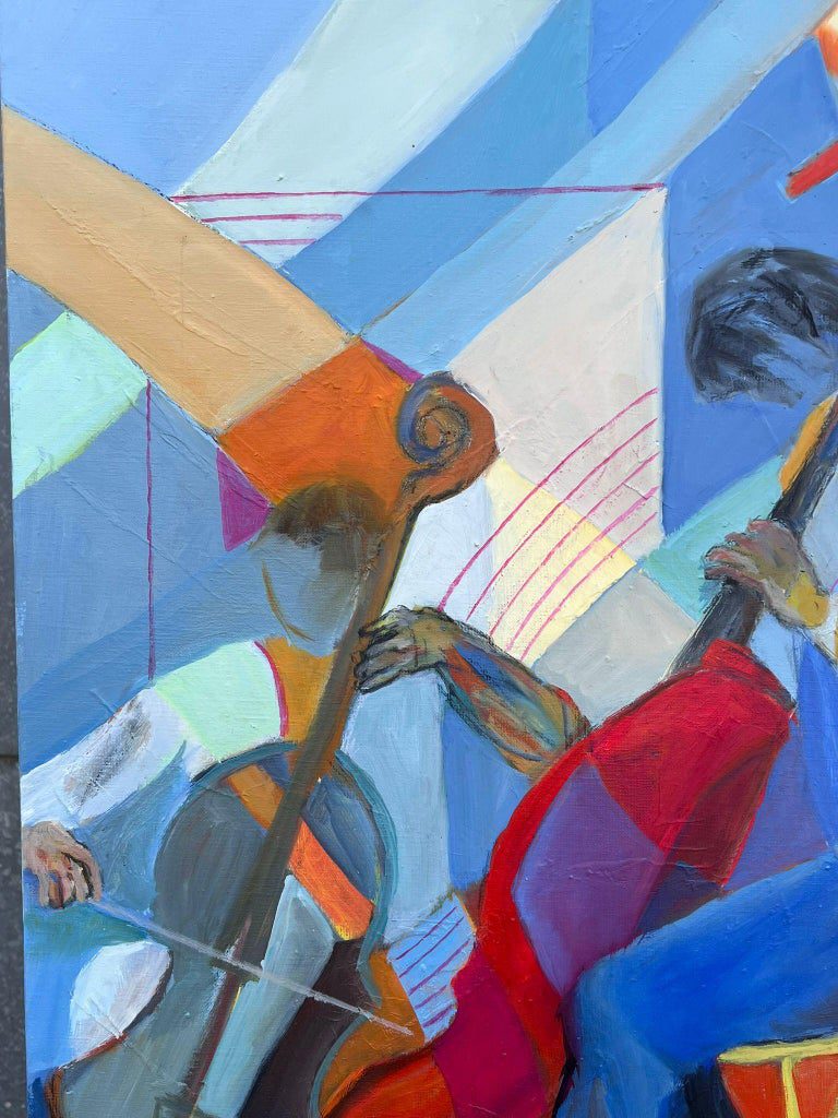 Huge French Contemporary Modernist Abstract Oil Painting Musicians Double Bass - Image 4
