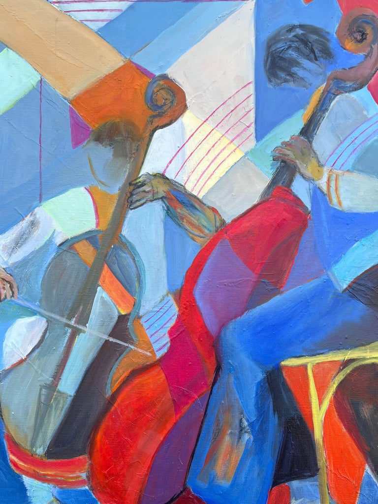 Huge French Contemporary Modernist Abstract Oil Painting Musicians Double Bass - Image 5