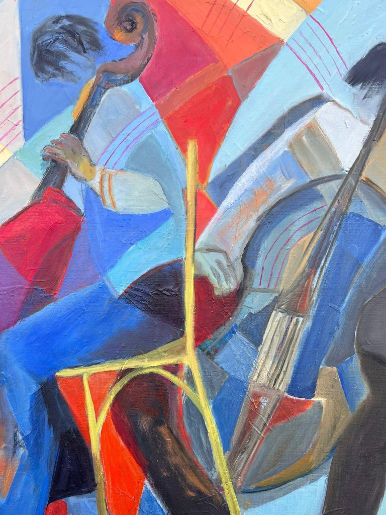 Huge French Contemporary Modernist Abstract Oil Painting Musicians Double Bass - Image 7