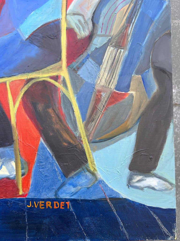Huge French Contemporary Modernist Abstract Oil Painting Musicians Double Bass - Image 8