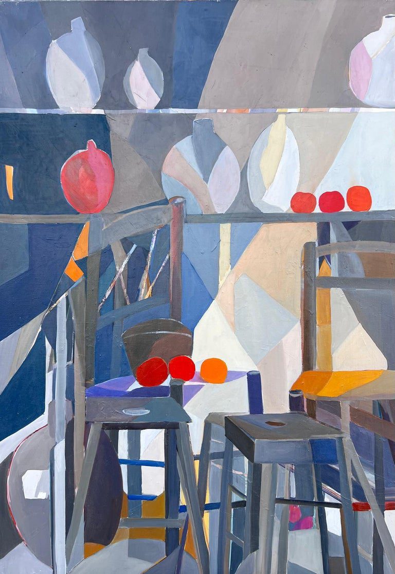 Huge French Contemporary Modernist Abstract Oil Painting Cafe Chairs Bistro