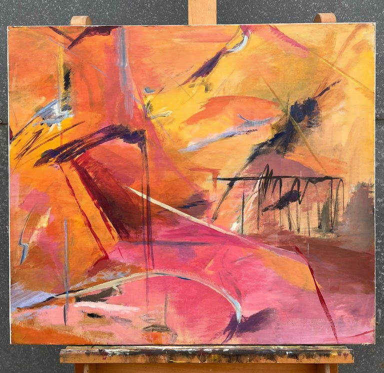 French 20th Century Abstract Expressionism Painting with Bold Pink and Orange - Image 2