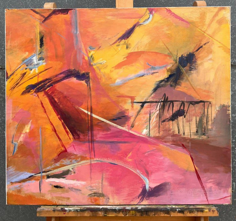 French 20th Century Abstract Expressionism Painting with Bold Pink and Orange - Image 3