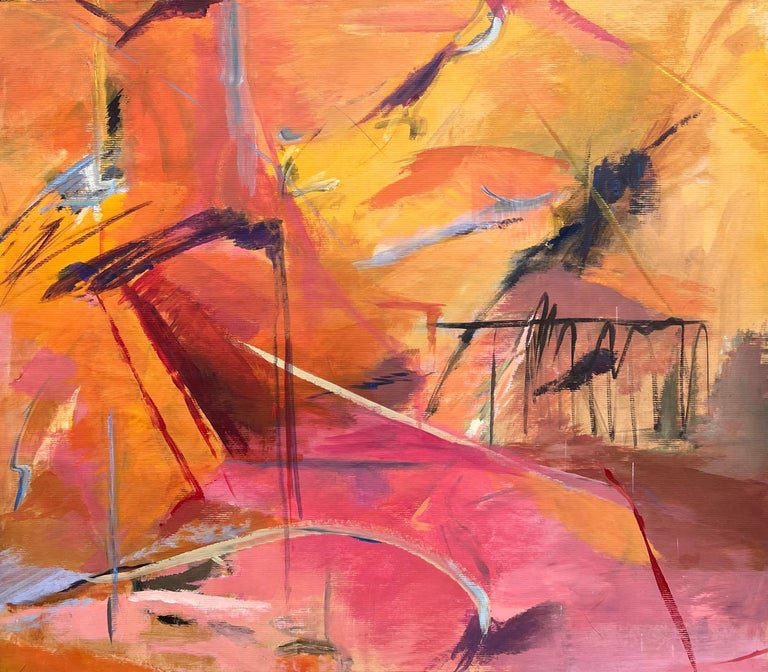 French 20th Century Abstract Expressionism Painting with Bold Pink and Orange