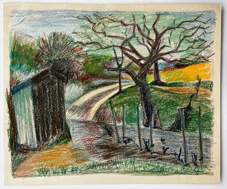 French Spring Path with Shed Vineyard and Bare Tree Pastel Landscape Drawing - Image 2