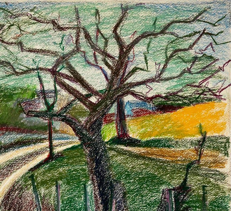 French Spring Path with Shed Vineyard and Bare Tree Pastel Landscape Drawing - Image 3