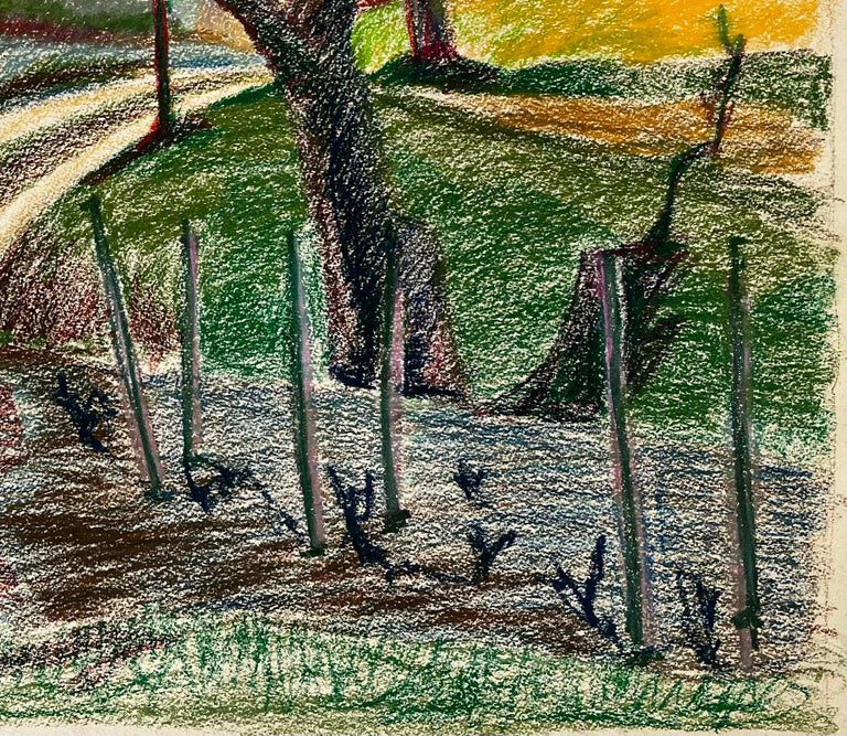 French Spring Path with Shed Vineyard and Bare Tree Pastel Landscape Drawing - Image 4