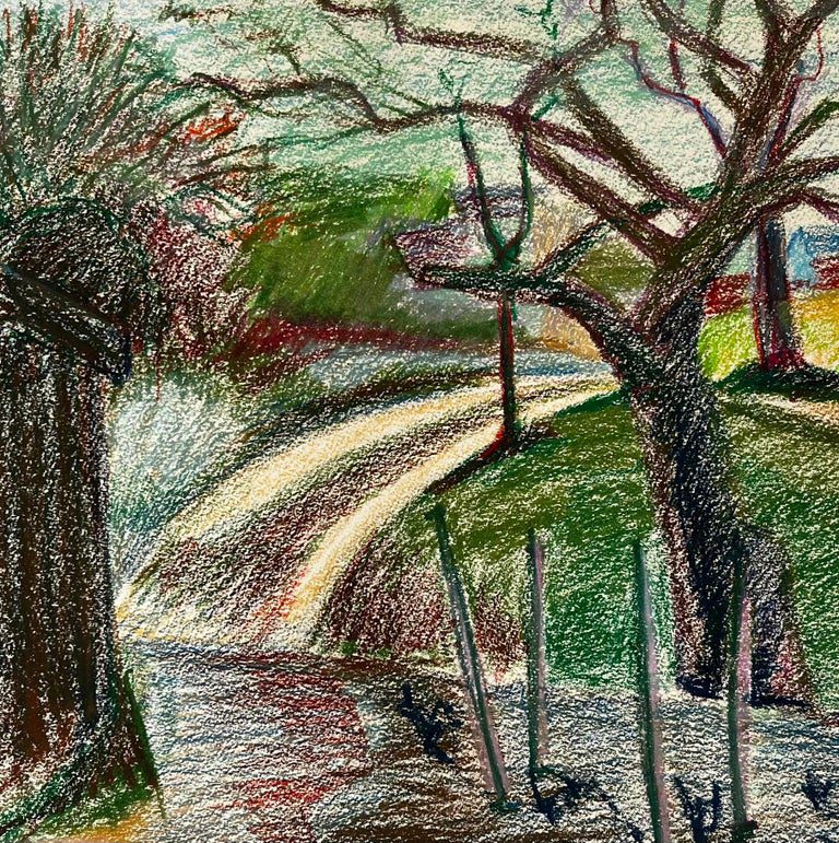 French Spring Path with Shed Vineyard and Bare Tree Pastel Landscape Drawing - Image 7