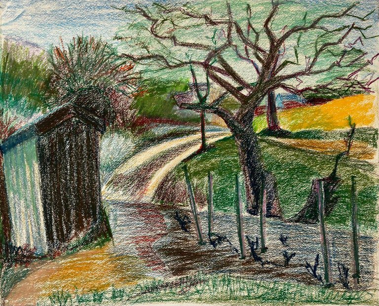 French Spring Path with Shed Vineyard and Bare Tree Pastel Landscape Drawing