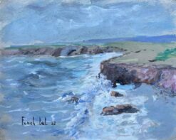 French Coastal Clifftop Scene with Waves Crashing Against Rocks