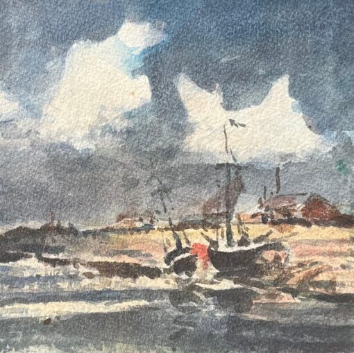 French Impressionist Watercolor of Boats on a Stormy Coast - Image 3