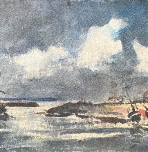 French Impressionist Watercolor of Boats on a Stormy Coast - Image 4