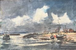 French Impressionist Watercolor of Boats on a Stormy Coast
