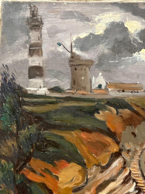 Large French 1970's Impressionist Oil Painting Crashing Waves Lighthouse Coast - Image 8