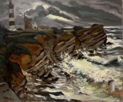 Large French 1970's Impressionist Oil Painting Crashing Waves Lighthouse Coast