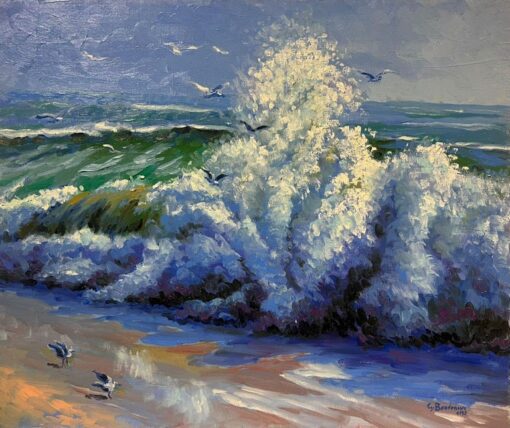 Coastal Scene with Crashing Waves Seagulls in Flight and Vibrant Ocean Colors