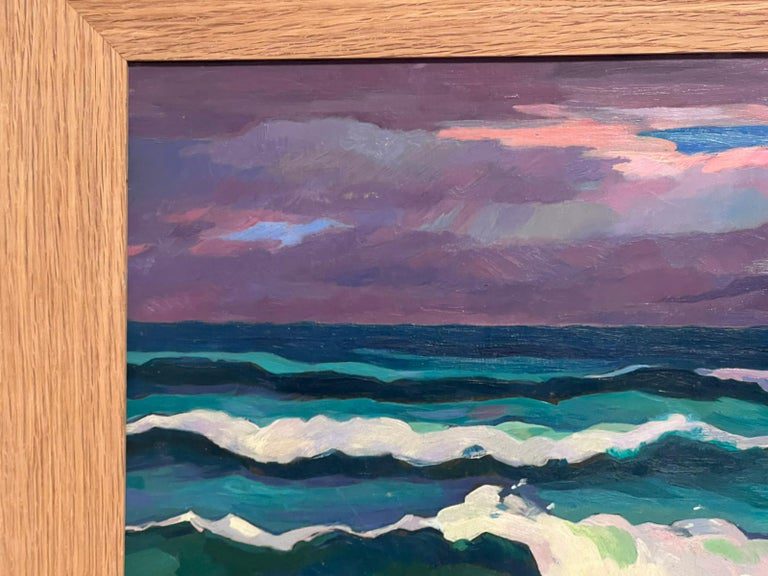 20th Century French Modernist Signed Oil Rolling Waves at Sea Turquoise & Purple - Image 3