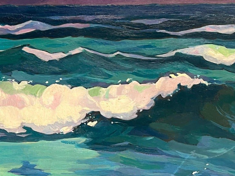 20th Century French Modernist Signed Oil Rolling Waves at Sea Turquoise & Purple - Image 4