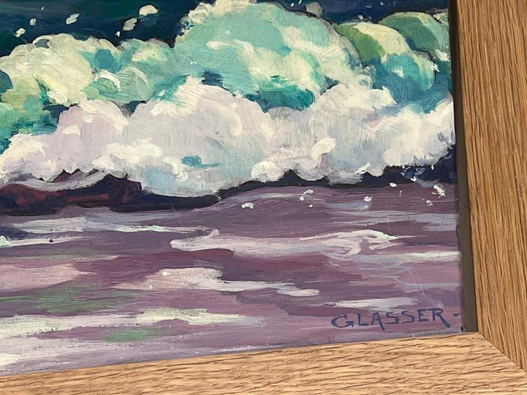 20th Century French Modernist Signed Oil Rolling Waves at Sea Turquoise & Purple - Image 5