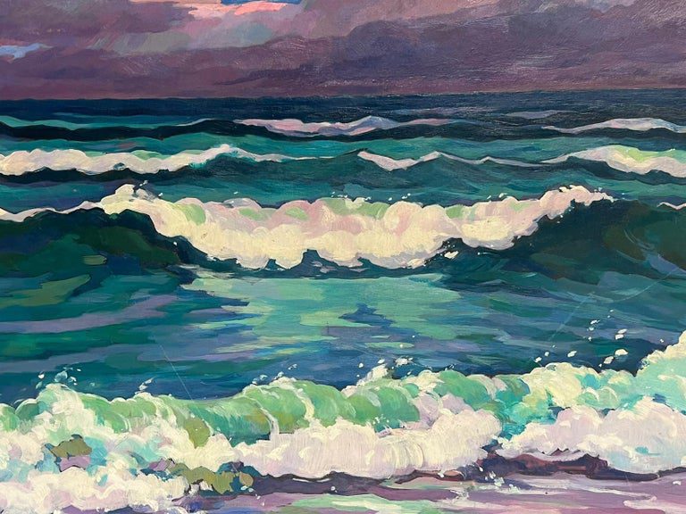 20th Century French Modernist Signed Oil Rolling Waves at Sea Turquoise & Purple - Image 6