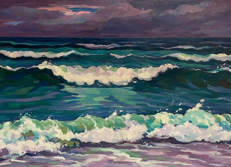 20th Century French Modernist Signed Oil Rolling Waves at Sea Turquoise & Purple
