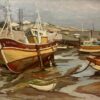 1970's French Post-Impressionist Oil Painting Old Fishing Boats Low Tide Harbor