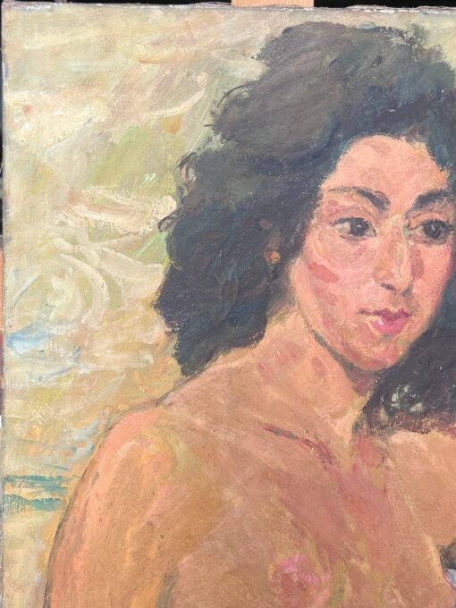 Nude Female Study Of a Lady With Black Curly Hair Mid Century French Painting - Image 3