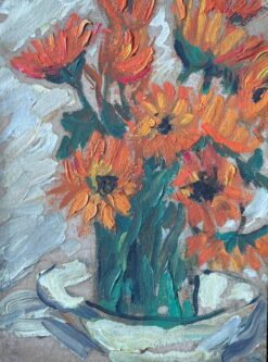 Mid Century French Impressionist Oil Painting Still Life Orange Sunflowers