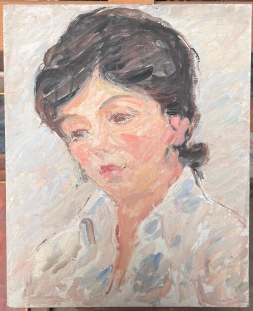 Mid Century French Impressionist Oil Portrait of Woman White Blouse Shirt - Image 2