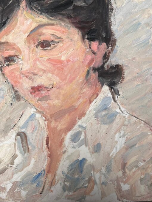 Mid Century French Impressionist Oil Portrait of Woman White Blouse Shirt - Image 5