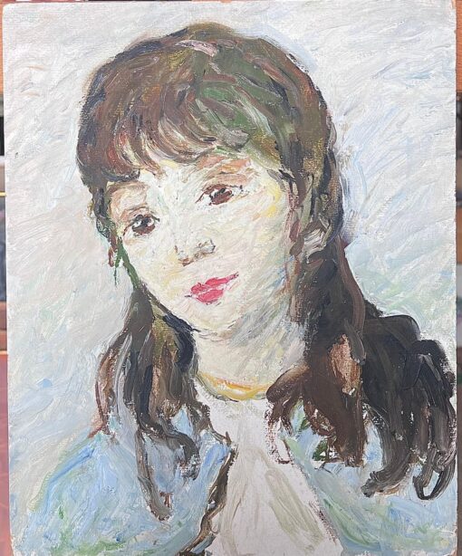 Mid Century French Impressionist Oil Vintage Portrait of Young Woman in Blue - Image 2