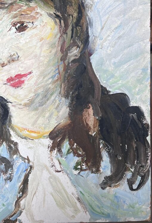 Mid Century French Impressionist Oil Vintage Portrait of Young Woman in Blue - Image 5