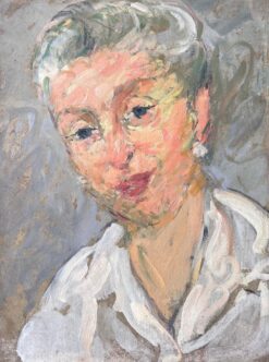 Mid Century French Painting of a Chic Grey Haired Lady With Pearl Earrings