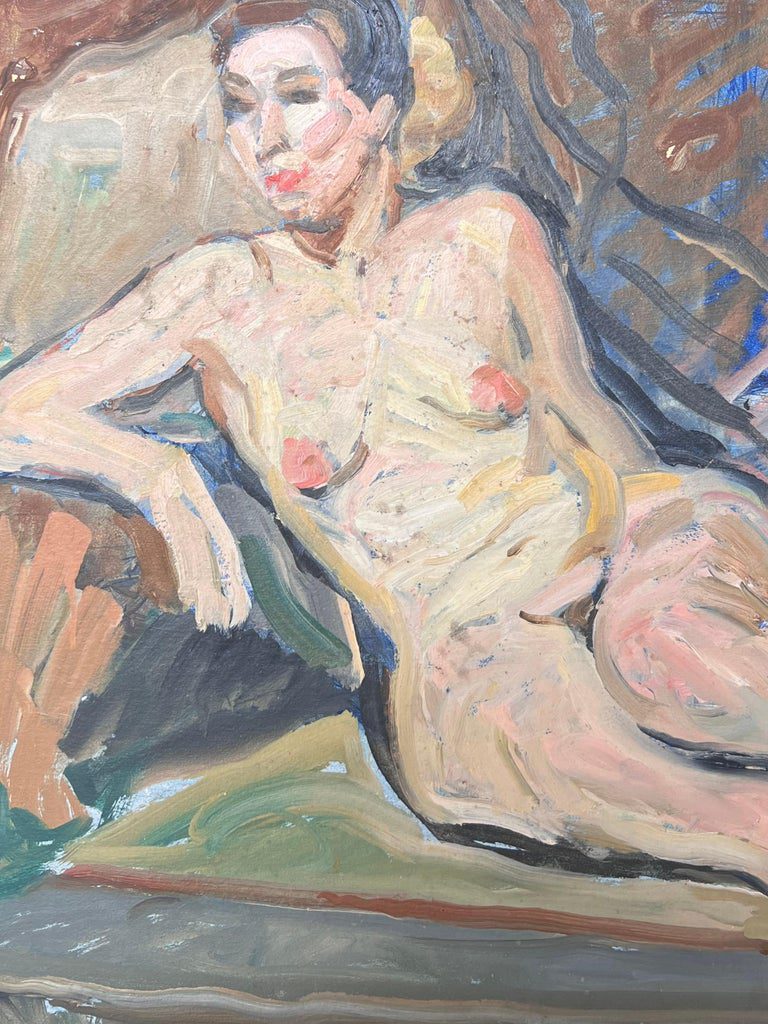 Nude Portrait of a Lady Posed Laying On The Sofa Mid Century French Painting - Image 3