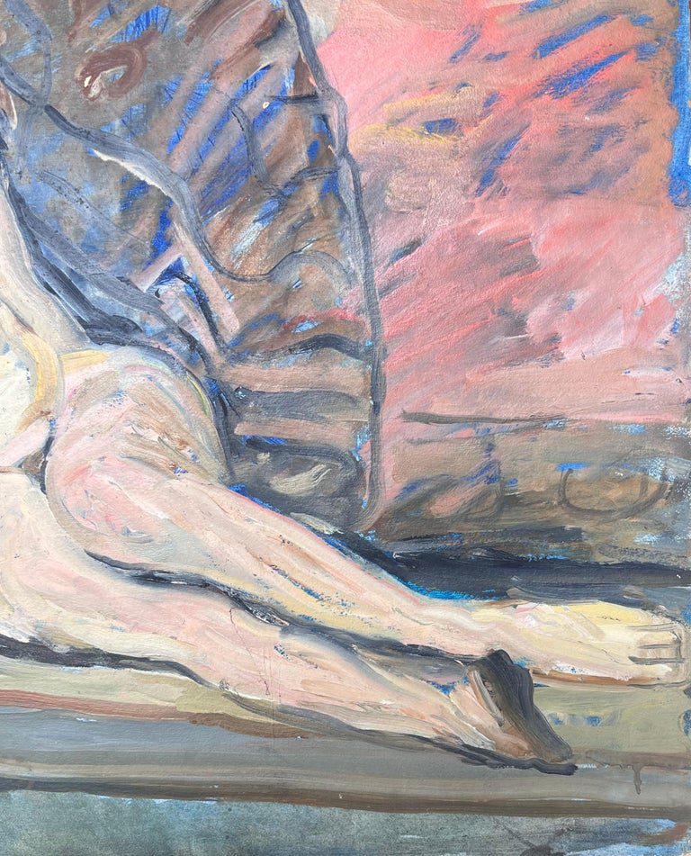 Nude Portrait of a Lady Posed Laying On The Sofa Mid Century French Painting - Image 5