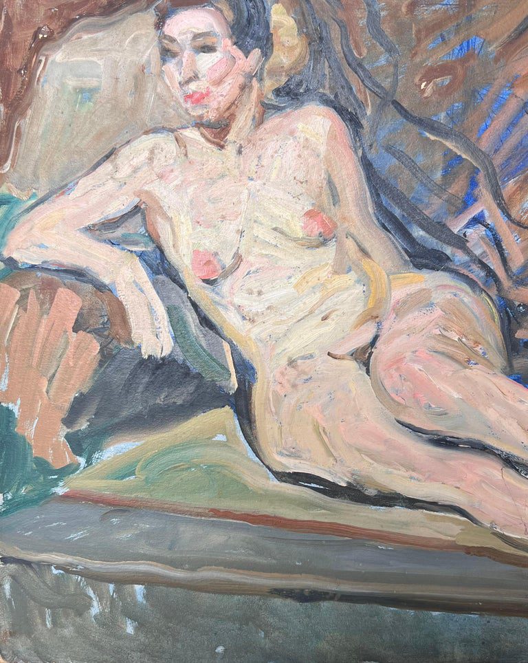 Nude Portrait of a Lady Posed Laying On The Sofa Mid Century French Painting - Image 6