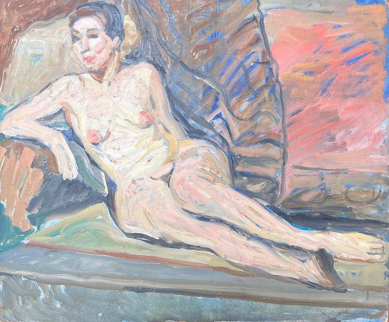Nude Portrait of a Lady Posed Laying On The Sofa Mid Century French Painting