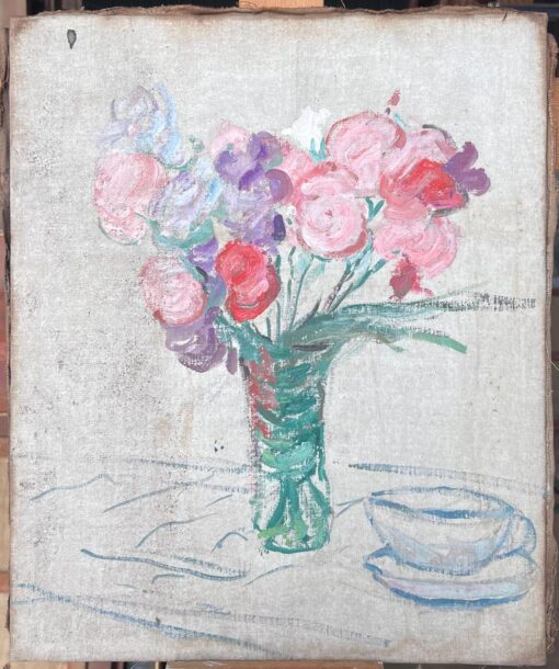Bunch of Pink , Red & Purple Flowers In Thin Glass Vase Mid Century Painting - Image 2