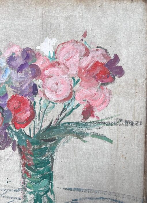 Bunch of Pink , Red & Purple Flowers In Thin Glass Vase Mid Century Painting - Image 3