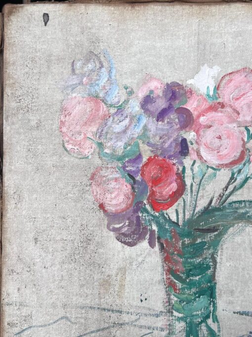 Bunch of Pink , Red & Purple Flowers In Thin Glass Vase Mid Century Painting - Image 4