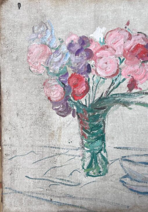 Bunch of Pink , Red & Purple Flowers In Thin Glass Vase Mid Century Painting - Image 5