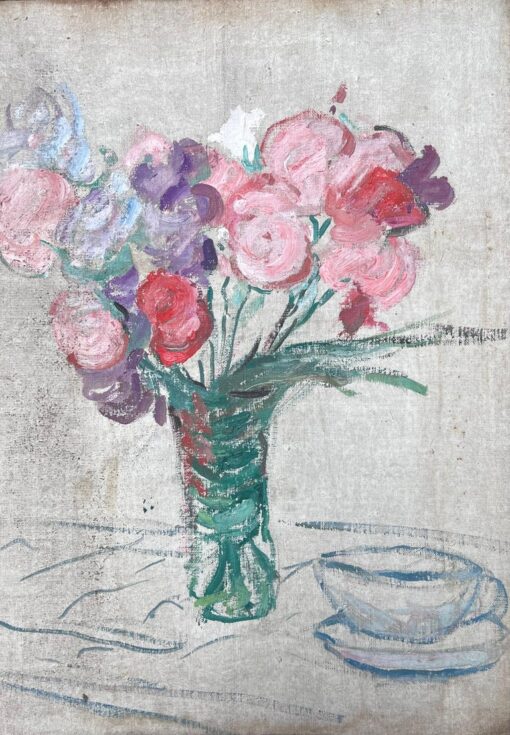 Bunch of Pink , Red & Purple Flowers In Thin Glass Vase Mid Century Painting - Image 6