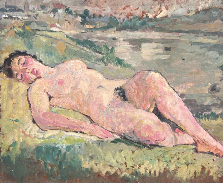 Nude Female Study Posed On The Grass Mid Century French Painting - Image 2