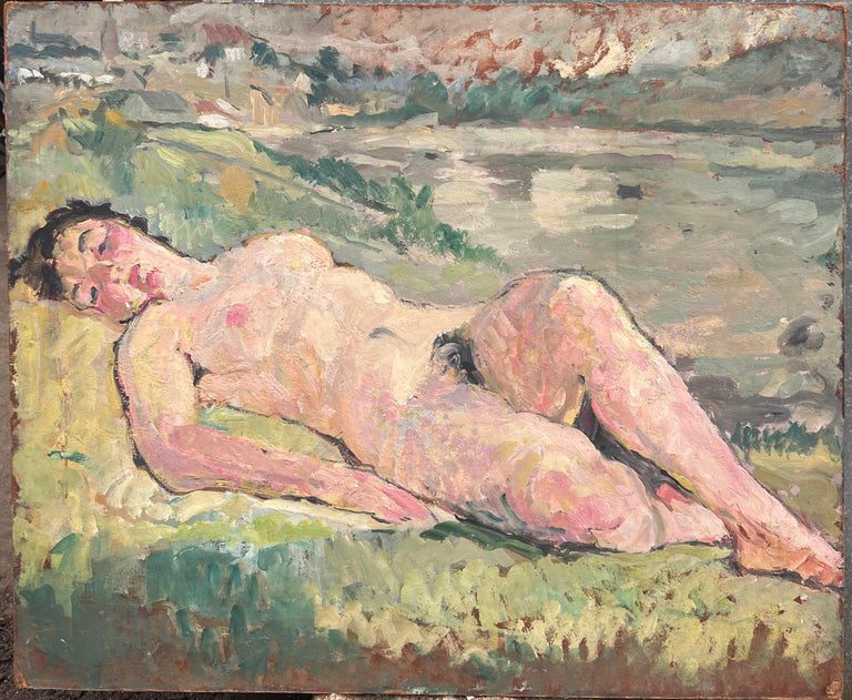 Nude Female Study Posed On The Grass Mid Century French Painting - Image 3