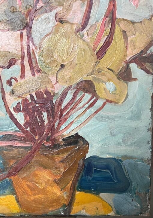 Cyclamen in Orange Pot In Blue Interior French Mid Century Painting - Image 5