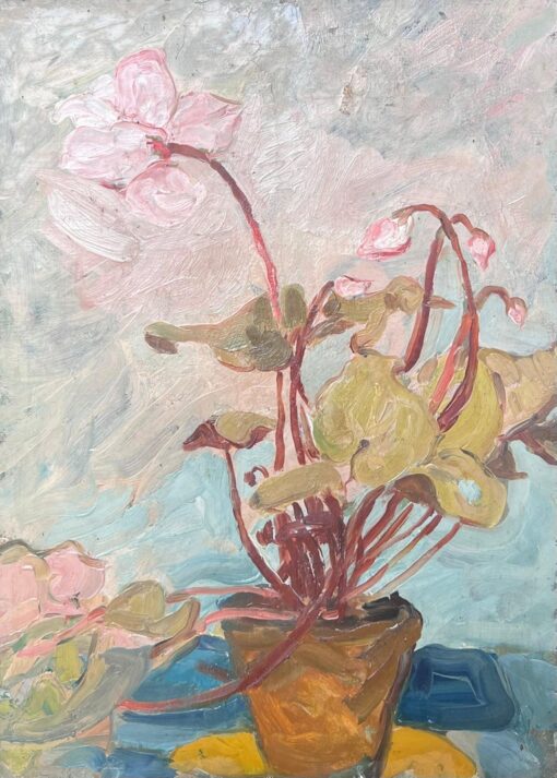 Cyclamen in Orange Pot In Blue Interior French Mid Century Painting