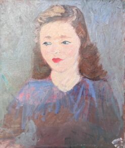 Brunette Lady With Red Lipstick in Blue Mid Century French Painting Portrait